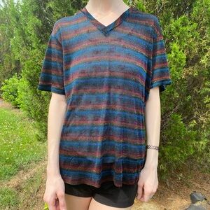 Vintage Rainbow Sparkly Semi Mesh Striped V-Neck Short Sleeve Top Large